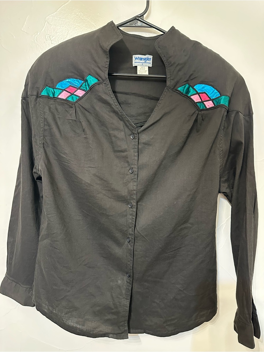 Vintage Wrangler Black Button-Up Shirt with Teal & Pink Embroidery